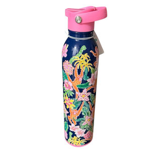 New Swig Water Bottle Navy Tropical Pattern with Flowers Monkey 26 oz, insulated